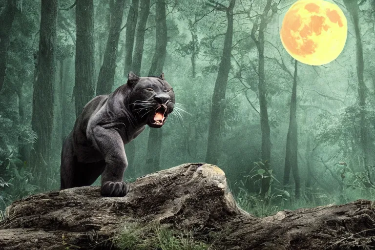 Image similar to a panther roaring in a forest during the night, large moon in the center. high quality. illustration. 4 k. cinematic. photoreal. highly detailed. dramatic. darkness. moon.