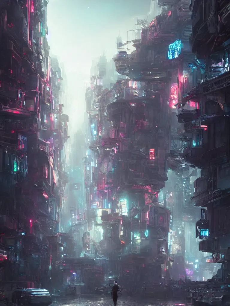 Image similar to Streetscape of a future sci-fi city，fantasy matte painting， high details，rtx on，Neon light effect，by Jonas De Ro ，trending on cgsociety and unreal engine，Epic scenes ，super wide angle，8kHDR，