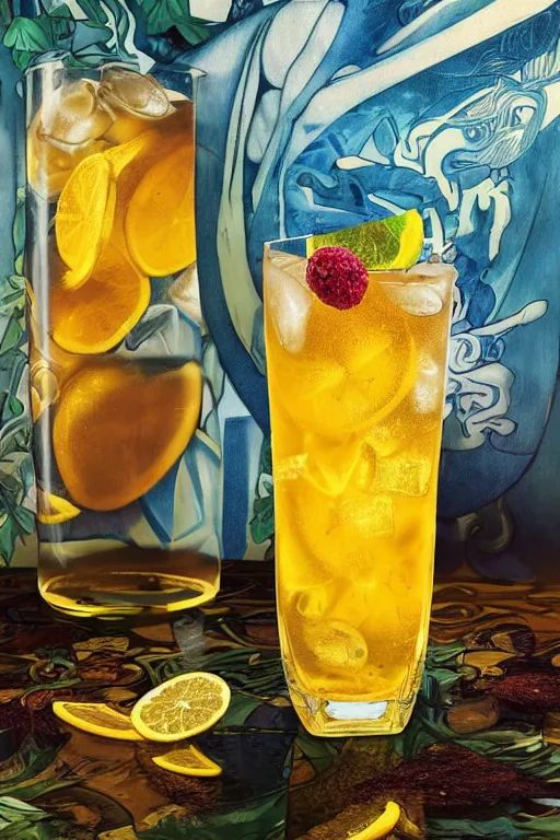 Prompt: ice - t, in tall iced tea glass, by alfons mucha, golden hour, realistic, body shot, sharp focus, 8 k high definition, insanely detailed, intricate, elegant, lemon, lime, ice cubes
