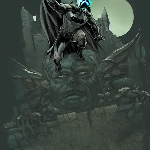 Image similar to batman sitting on a stone gargoyle looking down on gotham, comic book, illustration, night, mysterious, cinematic, hyperdetailed, artstation trending