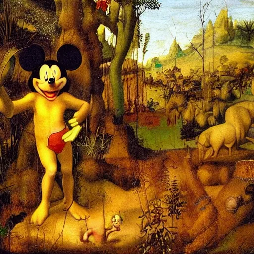 Prompt: mickey mouse entering the garden of eden, oil painting by leonardo da vinci, masterpiece