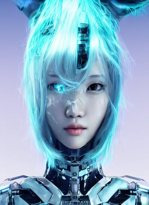 Image similar to a highly detailed portrait of a kpop idol female mecha in spiked cyberpunk bioarmor trending on artstation by yoshitake amano, holographic undertones, 3 d cg, octane rendered, futuristic, 2 k aesthetic, dramatic lighting, 4 k, highly saturated colors