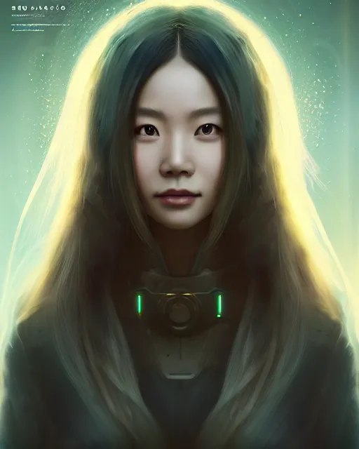 Image similar to detailed portrait Ming Zhao, solarpunk, futuristic utopia, scifi, android, starry long hair, by Darren Bartley, Wojtek Fus, Frederic Bennett, innocent smile, Perfect face, fine details, realistic shaded, fine-face, pretty face