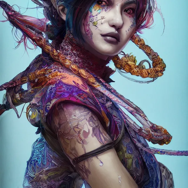 Prompt: the portrait of chaotic neutral colorful female ninja assassin as absurdly beautiful, gorgeous, elegant, playful, young woman, an ultrafine hyperdetailed illustration by kim jung gi, irakli nadar, intricate linework, bright colors, octopath traveler, final fantasy, unreal engine 5 highly rendered, global illumination, radiant light, detailed and intricate environment