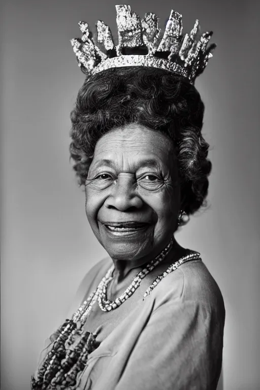 Prompt: a photograph of an elderly black lady with grey curly hair, wearing a crown and clothing of Queen Elizabeth the second, 50mm lens, portrait photography, taken by Robert Capa, studio lighting