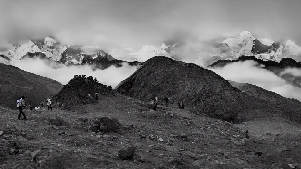 Prompt: the silhouette of a rock band playing in the altiplanic plain with the illimani in the background, film by andrei tarkovski, mysterious foggy atmosphere, orthochromatic look filter, cinematic photography, 3 5 mm, highly detailed, 4 k