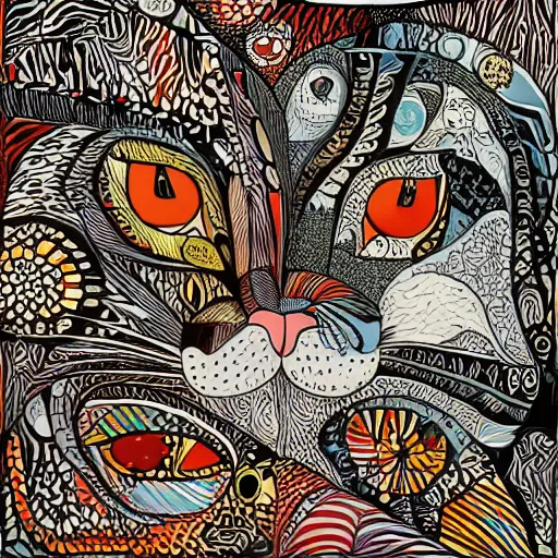 Image similar to A highly stylized conceptual art 4k shaded, finely detailed, matte illustration with intricate patterns of two abstract expressionist cats , their bodies intertwined together in the style of Kandinksy