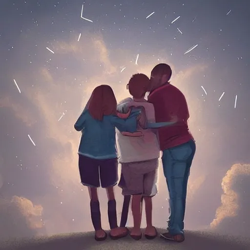 Image similar to “A family hugging each other for the last time as the world is ending.meteors are falling from the sky. everything is on fire, dramatic lighting, digital art, very very very very very very beautiful, 8K, dark lighting, trending on Artstation, award winning”