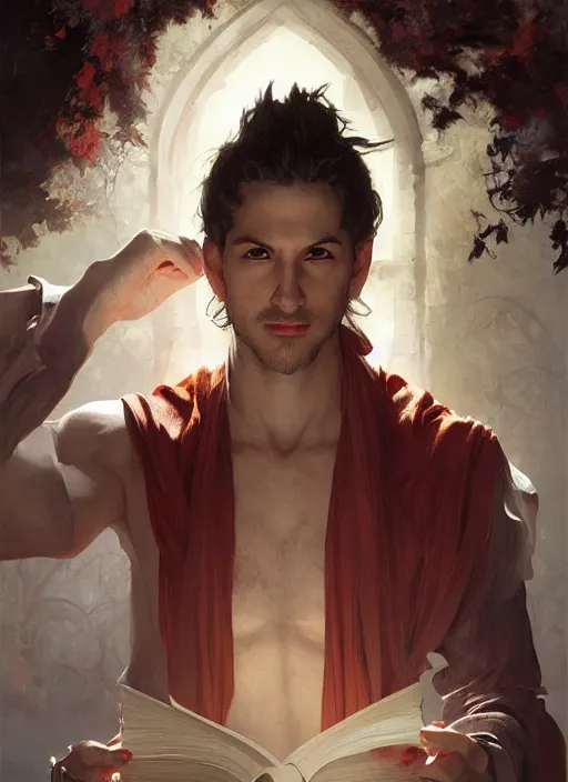 Image similar to character concept portrait of an attractive young focused Spanish wizard with pale red skin enchanting a power spell, a floating iridescent spell book in the center, intricate, elegant, digital painting, concept art, smooth, sharp focus, illustration, from Metal Gear, by Ruan Jia and Mandy Jurgens and William-Adolphe Bouguereau, Artgerm