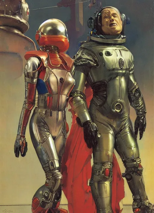 Prompt: martian standing beside elegant lady wearing a latex spacesuit, by norman rockwell, jack kirby, jon berkey, earle bergey, craig mullins, ruan jia, jeremy mann, tom lovell, marvel, astounding stories, 5 0 s pulp illustration, scifi, fantasy