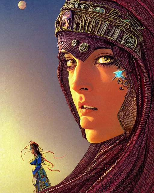 Prompt: arab princess, character portrait, portrait, close up, concept art, intricate details, highly detailed, in the style of chris foss, rodger dean, moebius, michael whelan, and gustave dore