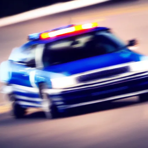 Image similar to police car driving, fast, police lights, 9 0 s action shot, car chase, ultra - realistic, color photography, zoom lens, speed blur