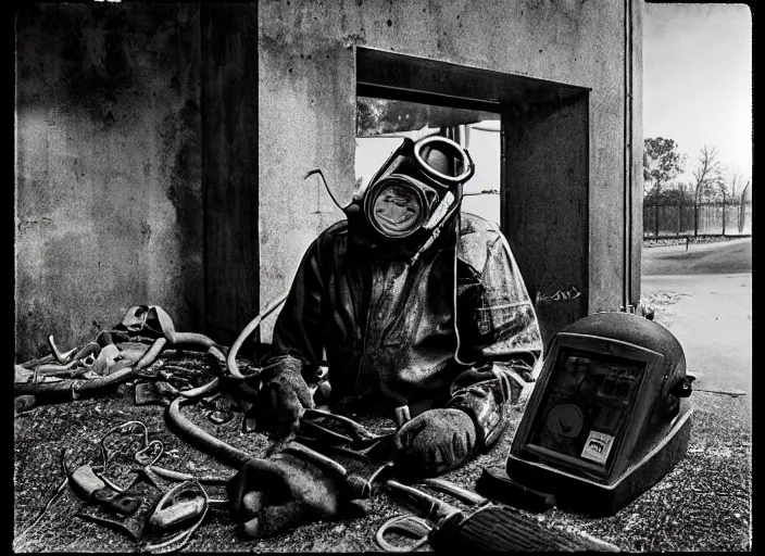 Prompt: welder in welding mask in an abandoned playground, by richard avedon, tri - x pan stock