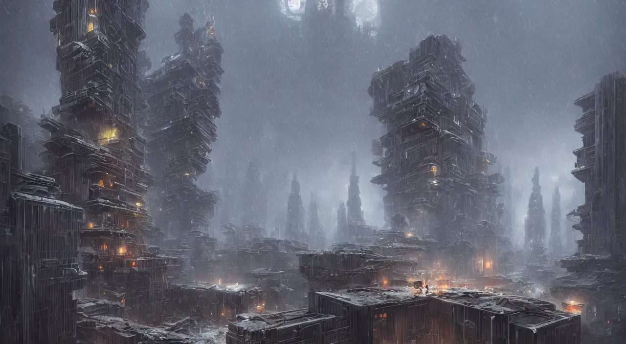 Image similar to highly detailed brutalist architecture city, star wars imperial style, while it's snowing, stephen bliss, unreal engine, fantasy art by greg rutkowski, loish, rhads, ferdinand knab, makoto shinkai, ilya kuvshinov, rossdraws, global illumination, radiant light, detailed and intricate environment