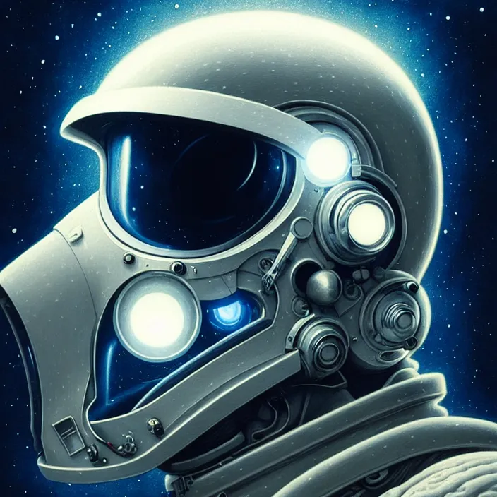 Image similar to ultra realistic retro futuristic astronaut skull helmet, deep space, lens flare, diffuse lighting, fantasy, intricate, elegant, highly detailed, lifelike, photorealistic, digital painting, artstation, illustration, concept art, smooth, sharp focus, art by John Collier and Albert Aublet and Krenz Cushart and Artem Demura and Alphonse Mucha