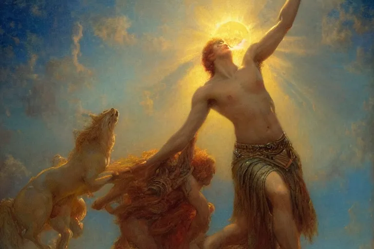 Image similar to portrait of a mythical hero named horizon, who lifts the sun into the sky every morning. art by gaston bussiere.