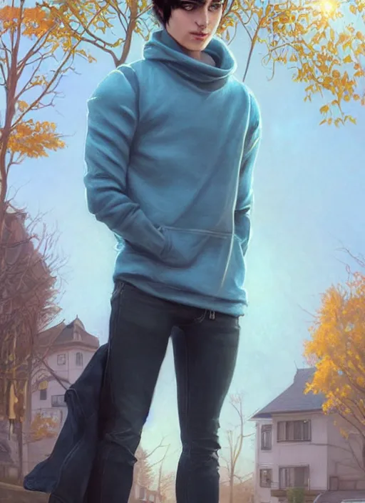 Prompt: handsome young man with short black hair, light blue eyes, pale skin, detailed neighbourhood background, houses, trees, road, magical atmosphere, tarot card, glowing, golden hour, wearing jeans and a black hoodie, realistic painting by ross tran and gerald brom and alphonse mucha, trending on artstation