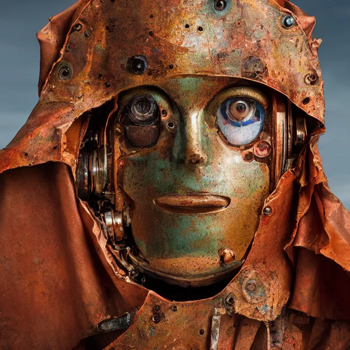 Prompt: closeup portrait of a rusted robot wearing a cloak made of rainbows and lilies, in an empty field, by Annie Leibovitz and Steve McCurry, natural light, detailed face, CANON Eos C300, ƒ1.8, 35mm, 8K, medium-format print