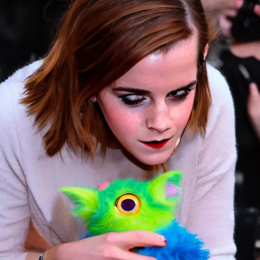 Image similar to Emma Watson eating Furby with ketchup