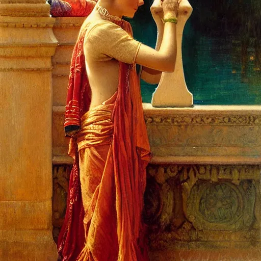 Image similar to detailed full body of hindu traditional woman with blindfolded by cloths secretly old people are watching her, girl graceful,, painting by gaston bussiere, craig mullins, j. c. leyendecker, lights, art by ernst haeckel, john william godward, hammershøi,,