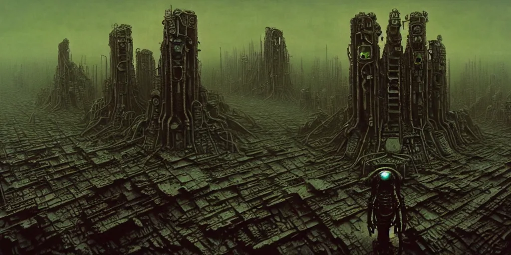 Image similar to the terrible fate of the world after nuclear war, ruined cities, ai robot tendril remnants, biomachine war against humanity, beksinski, giger, ambient art wallpaper popular on artstation