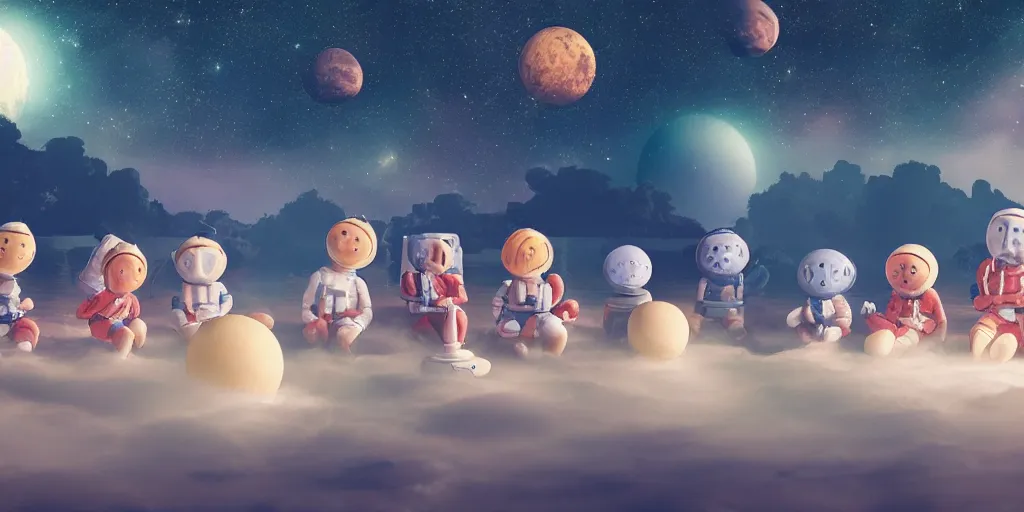 Image similar to twelve astronauts sitting by the river with a big holiday cake + octane render + planets and stars + mystical fog, super detail, high quality