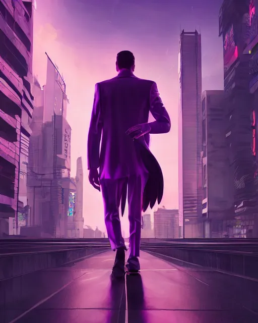 Prompt: a charismatic man in eagle costume walking in a cyberpunk city watching the purple sky, soft painting, futuristic, cyberpunk, perfectly shaded, octane render, illustration