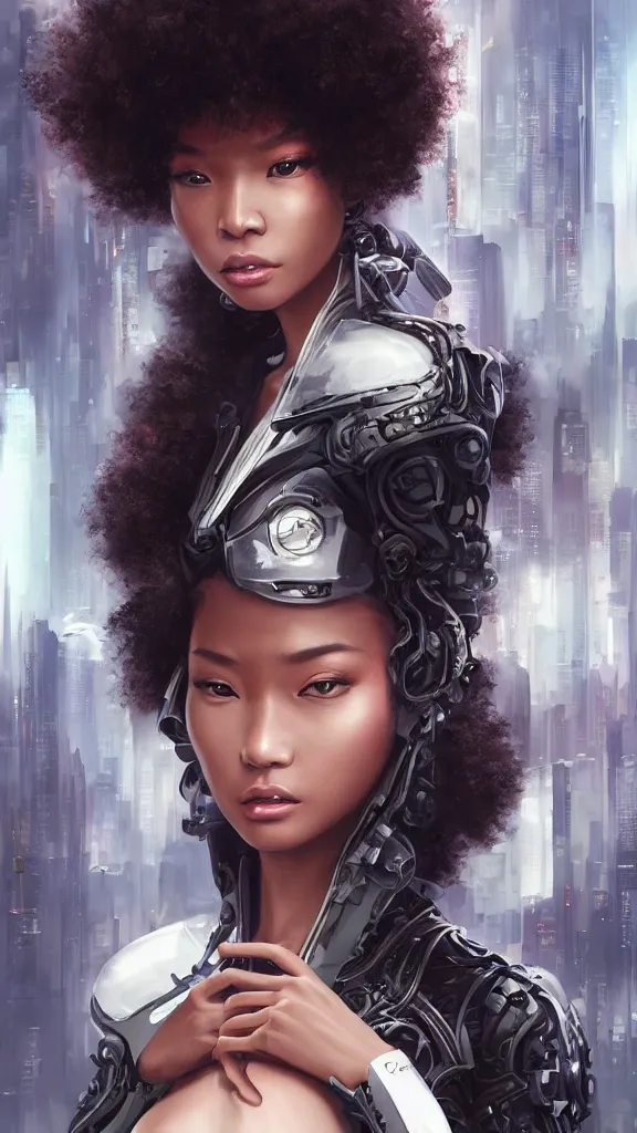 Prompt: ultra realistic elegant futuristic cyberpunk art, beautiful alluring anime blasian woman, afro big curls with highlights, haute couture, gorgeous face and figure, sci - fi, fantasy, intricate, elegant, highly detailed, digital painting, artstation, concept art, smooth, sharp focus, illustration, art by tian zi and yuxiang chen and artgerm and greg rutkowski