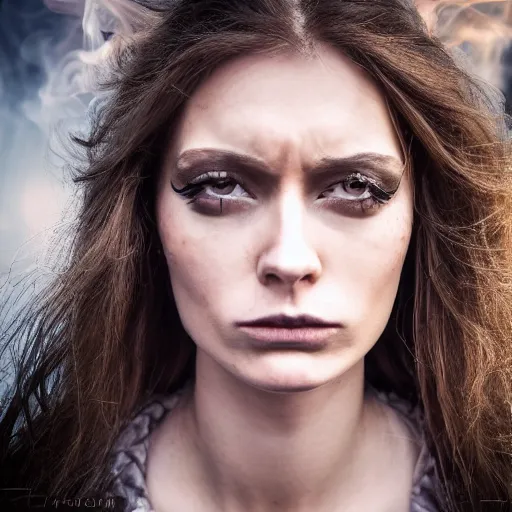 Prompt: hyperdetailed photo of a serious woman with light eyes and open mouth, long hair, in a cybercity, in front of smoke, wearing tight suit, inside berghain, classic, photo 3 5 mm leica, hyperdetail, 8 k, very detailed, fine face