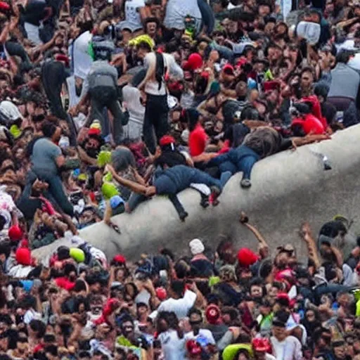 Image similar to thousands of zombified Mexicans attempt to climb Donald Trump’s Mexican border wall, he sprays his minigun at them wildly with rage