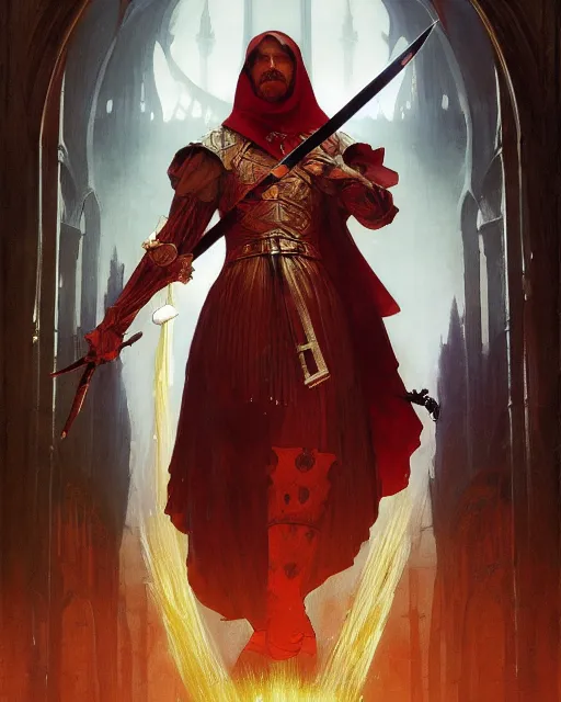 Image similar to A Full View of a Red Wizard with a sword and staff, surrounded by energy in front of a gothic tower. masterpiece 4k digital illustration by Ruan Jia and Mandy Jurgens and Artgerm and greg rutkowski and Alexander Tsaruk and WLOP and william-adolphe bouguereau, award winning, Artstation, art nouveau aesthetic, Alphonse Mucha background, intricate details, realistic, panoramic view, Hyperdetailed, 8k resolution, intricate art nouveau