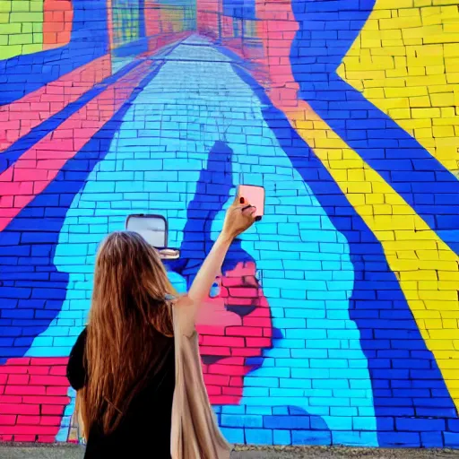 Prompt: A girl taking a selfie in front of a giant mural that says 'Back to Reality'