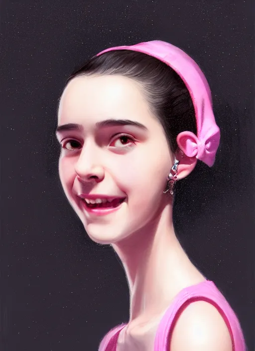 Image similar to portrait of teenage girl, realistic, black hair, bangs, half updo hairstyle, pointy nose, skinny, smile, ugly, defined jawline, big chin, pink hair bow, earrings, intricate, elegant, glowing lights, highly detailed, digital painting, artstation, sharp focus, illustration, art by wlop, mars ravelo and greg rutkowski