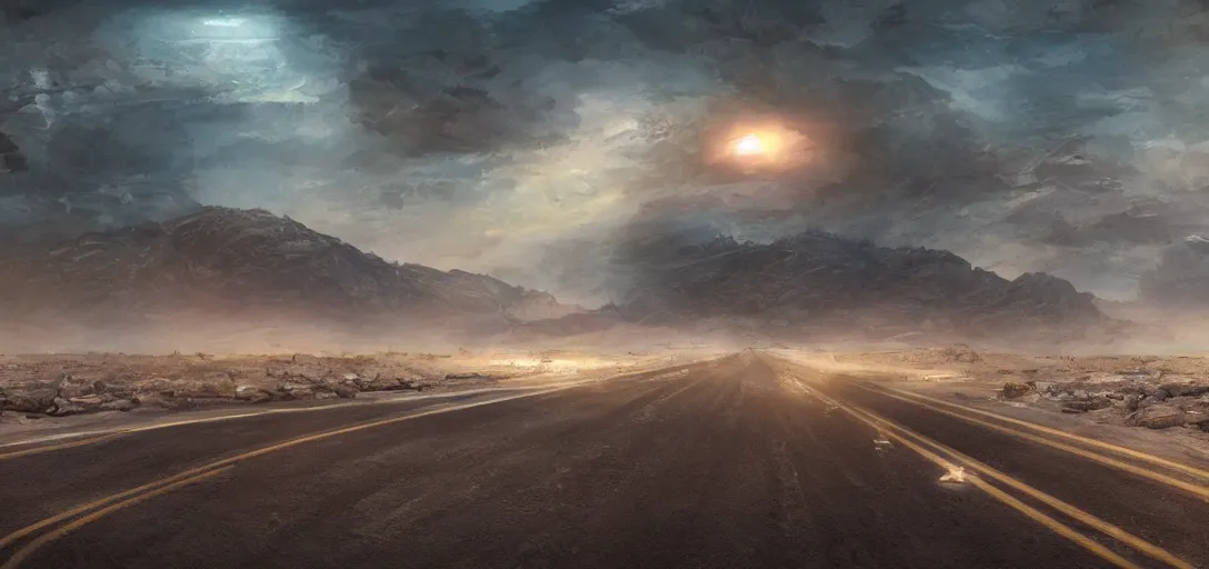 Image similar to a desolate highway in the middle of the nevada desert, establishing shot, opening film shot, video game cinematic, highly detailed, digital painting, concept art, movie poster art, cinematic framing, cinematic lighting, illustration, trending on artstation