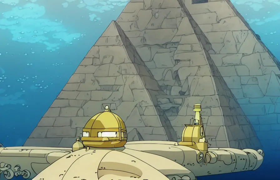 Image similar to a realistic studio ghibli cell shaded cartoon showing a submarine in front of a white pyramid with a gold capstone underwater at the bottom of the sea. wide shot, very dull muted colors, hd, 4 k, hq