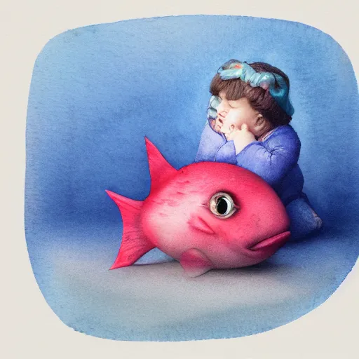 Prompt: the same style. the most beautiful little fat sweet girl is kissing a huge colorful cute fish. modern etching. colored print. hype realistic scene. old photography style. studio lighting. window. 3 d, octane render, deep focus, zbrush. white scene. unreal engine. watercolor