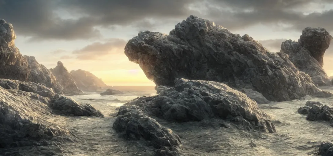 Image similar to octane render uhd, 8 k art photography, filmic lighting, cinematic art shot, hyperrealistic, hyperdetailed, super detailed, 8 k, high resolution, vast dark granite landscape with mysterious strangle glowing crystalline structure made of white rocks in the far distance, particle simulation, painting by ross tran and ivan aivazovsky, black water, sunset