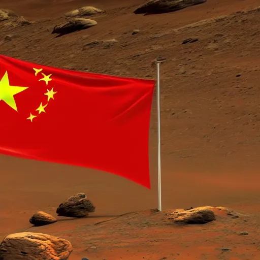 Prompt: flag of china flying on mars, photograph, realistic, highly detailed