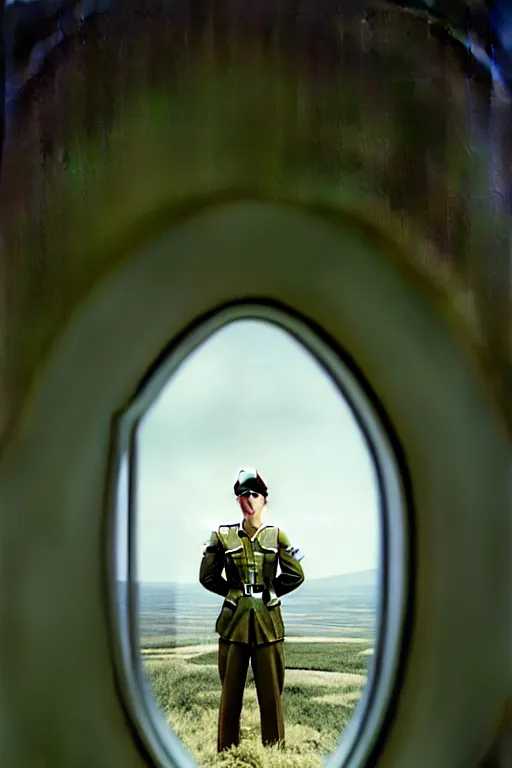 Image similar to kodak portra 5 0 mm f 4 full body portrait photography of a wwii airborne infantry soldier who's a mix of gillian anderson and adam driver, looking exhausted, setting is inside a sci fi megastructure tower looking out a window, photo by erwin olaf