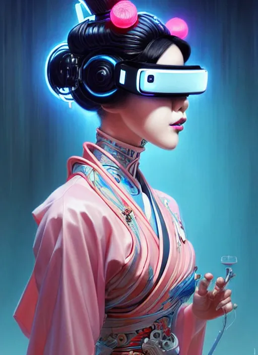 Prompt: wide angle portrait shot of female japanese android wearing a vr eyewear and a very detailed and intricate geisha kimono dress, intricate detail, cyber neon lighting, highly detailed, artstation, glamor pose, concept art, art by peter mohrbacher and boris vallejo and liam wong, pinterest, artstation, digital painting,