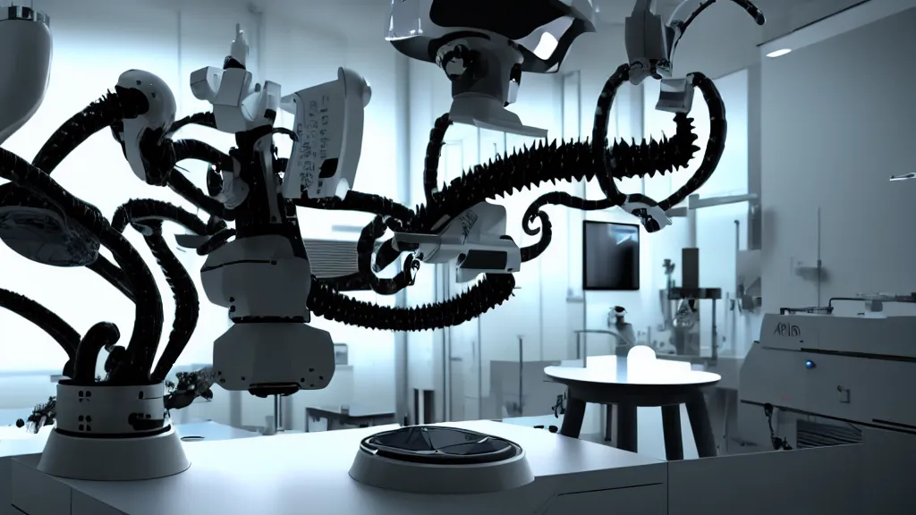 Prompt: a complex bifurcated robotic cnc surgical arm hybrid mri 3 d printer machine making swirling black and white ceramic mandlebulb mutant forms in the laboratory inspection room, film still from the movie directed by denis villeneuve with art direction by salvador dali, wide lens, f 3 2, cinematic lighting, studio quality, smooth render, unreal engine 5 rendered, octane rendered