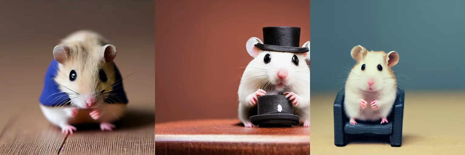 Prompt: cute hamster sitting in a miniature chair while wearing a top hat, macro, close up dslr,