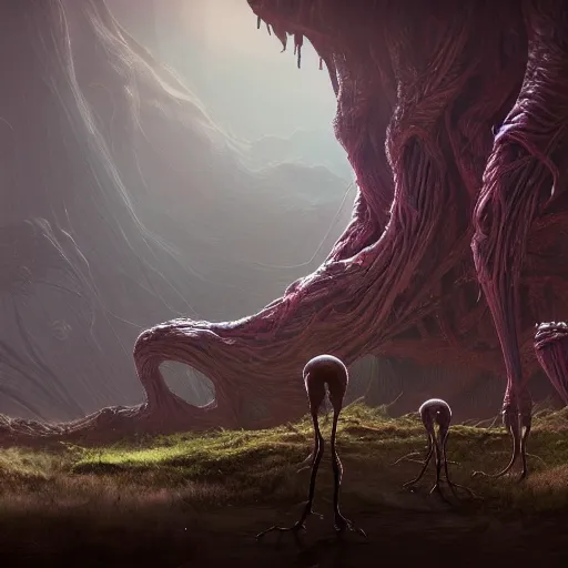 Image similar to a creature made out of visible arteries and veins and bones and muscles and spine and nerves, walking on an alien planet with aliens plants, looking at an alien breathtaking landscape, cinematic lighting, concept art, artstation