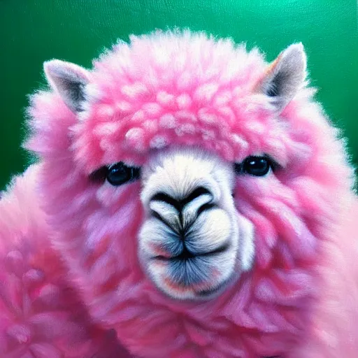 Image similar to fluffy pink alpaca, hyperrealism oil painting