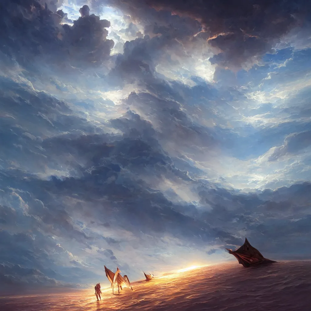 Prompt: a sending down [ of the revelation ] from him who created the earth and the lofty heavens, overdetailed art, noah's ship, by greg rutkowski, by rhads, sharp focus