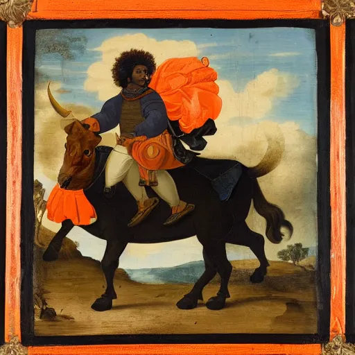 Image similar to photograph of a black man with afro hair wearing an army green adidas jacket riding an orange colored bull!!, renaissance style painting