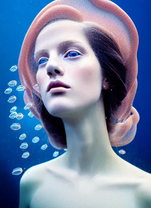 Image similar to Kodak Portra 400, 8K, soft light, volumetric lighting, highly detailed, britt marling style 3/4 , portrait photography of a beautiful woman by Giovanni Gastel, face merging with jellyfishes, symbolic metamorphosis complex 3d render , 150 mm lens, art nouveau fashion embroidered,bust with intricate underwaters details, elegant, hyper realistic, ultra detailed, octane render, underwater soft colours, emotionally evoking, head in focus, fantasy, elegant, soft light, volumetric lighting, highly detailed, Refined, Highly Detailed, soft pastel lighting colors scheme, fine art photography, Hyper realistic, photo realistic