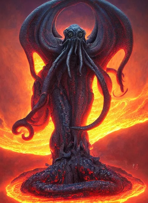 Prompt: cthulhu comprised entirely of lava, digital art by eugene de blaas and ross tran, vibrant color scheme, highly detailed, in the style of romanticism, cinematic, artstation, greg rutkowski