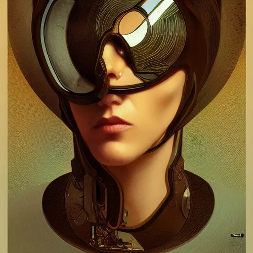 Image similar to portrait of bearded android, coy, circuitry visible in head, in the style of ex machina, karol bak, alphonse mucha, greg rutkowski, award winning, hr giger, artstation