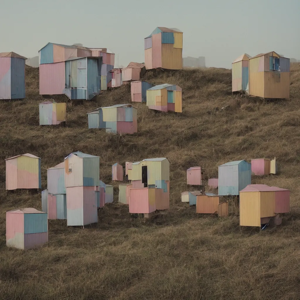 Image similar to vertically stacked makeshift squatter shacks with pastel colours, plain uniform sky at the back, misty, mamiya, ultra sharp, very detailed, photographed by alejandro jodorowsky